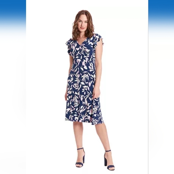London Times Ruffle Sleeve V-Neck Midi Dress
Color: Navy Pink, Size: 14 (EUC) - Picture 1 of 11